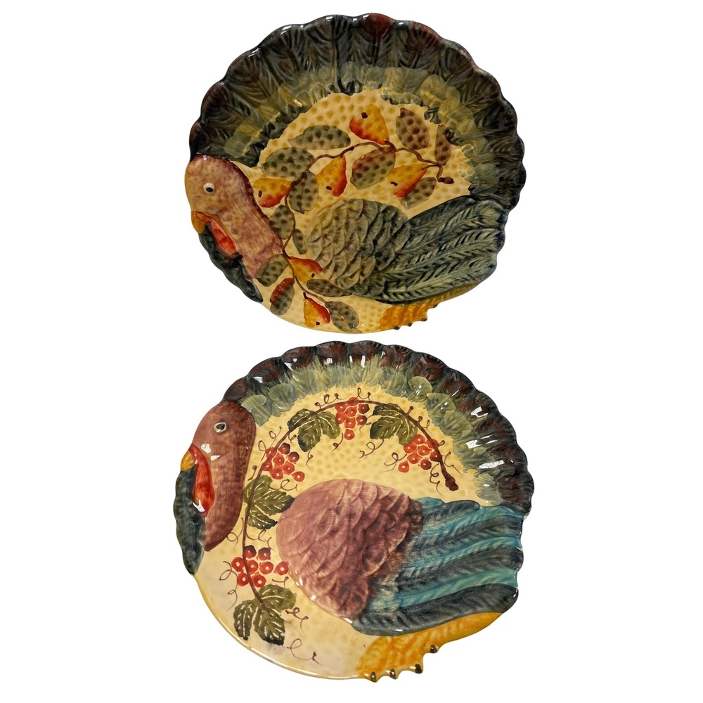 Italica ARS Turkey Dinner Plates 11" Set 2 Hand Painted Italy Majolica Autumnal